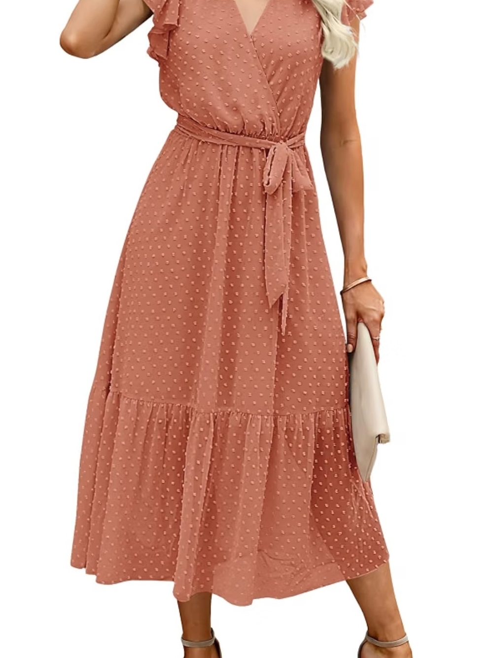 Tie-Waist Midi Dress with Flutter Sleeves in Dusty Rose